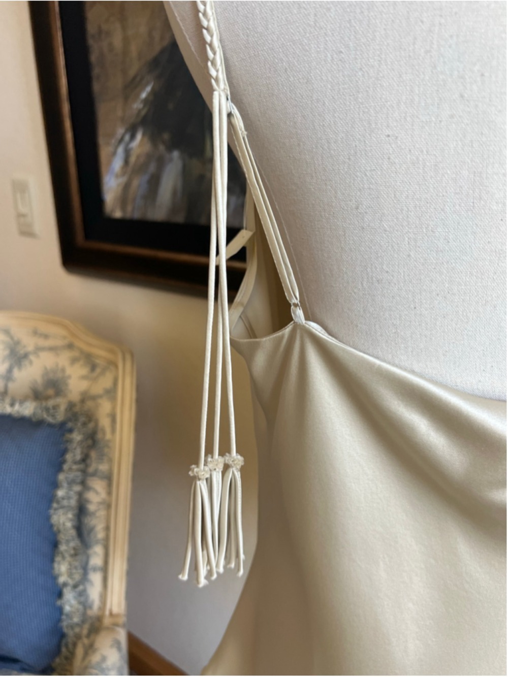 Cinq a Sept Cream Gold Satin Cowl Neck Camisole Top L Braided Tassels Quiet Lux - Picture 7 of 12